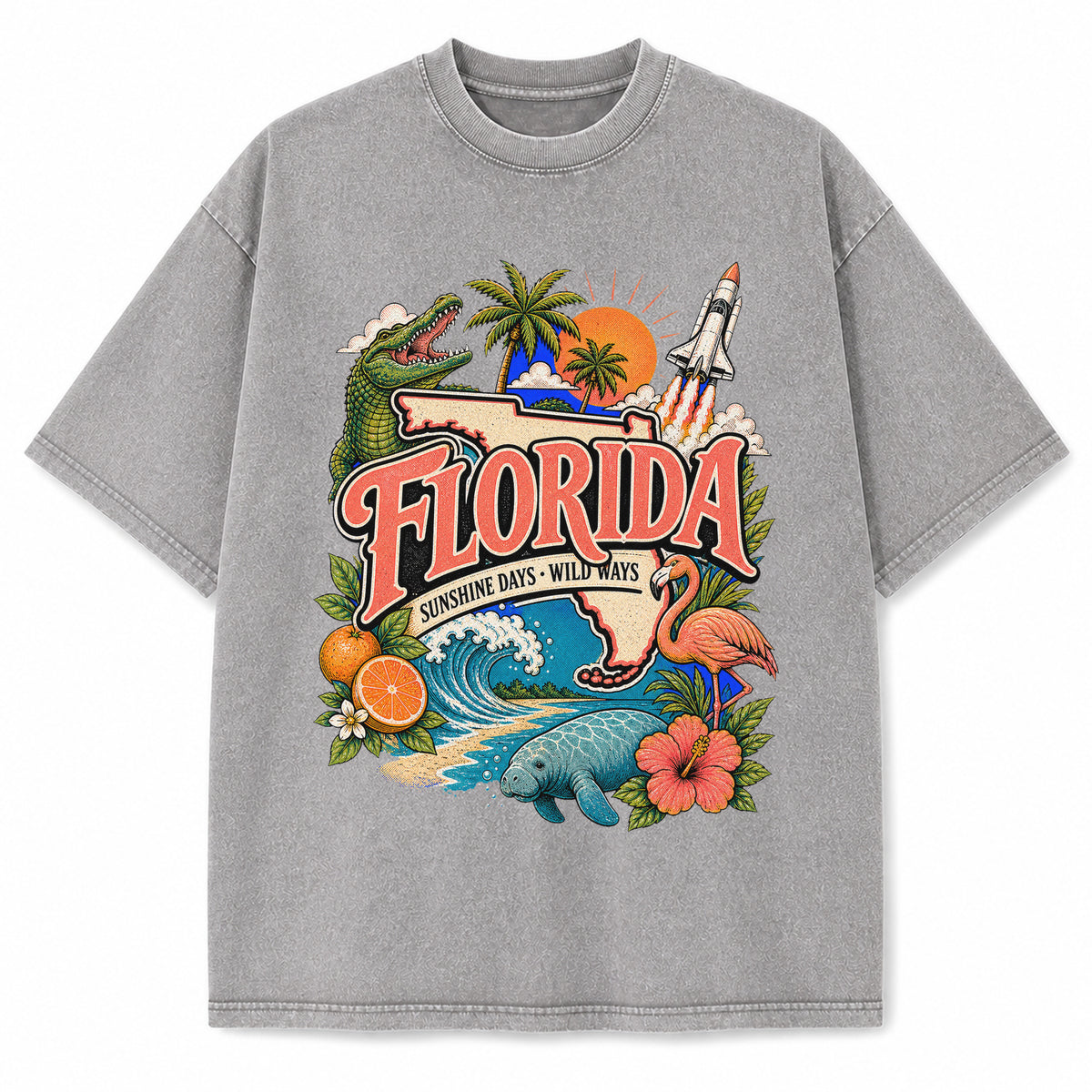 Colorful Florida State Collage Washed Vintage T-Shirt in Light Gray, front view on a white background