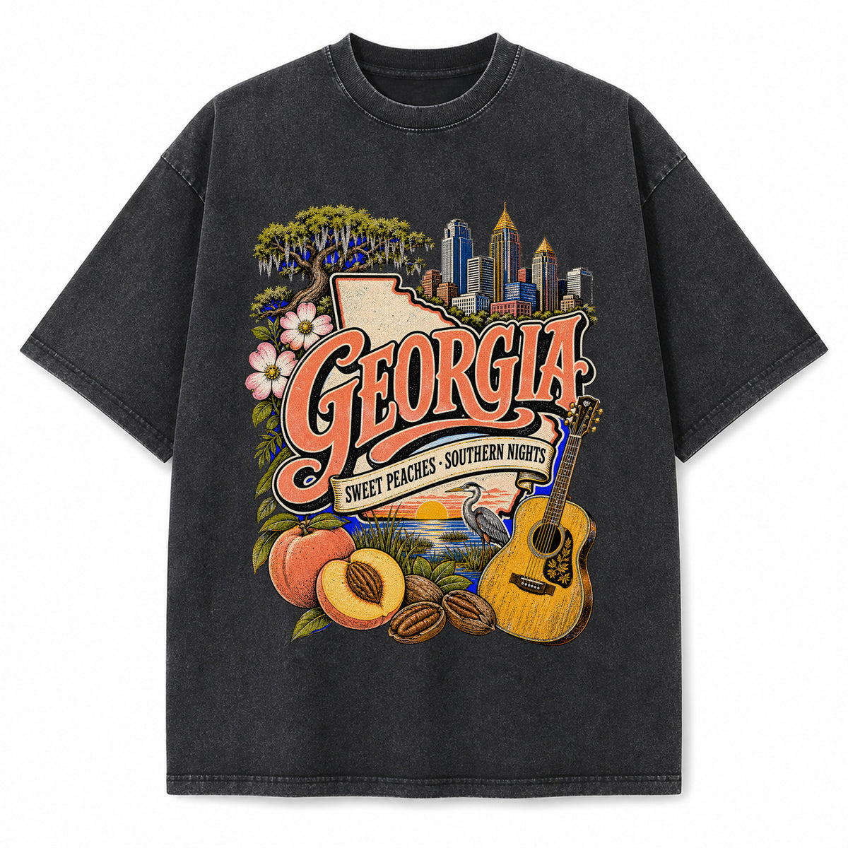 Colorful Georgia State Collage Washed Vintage T-Shirt in Black, front view on a white background