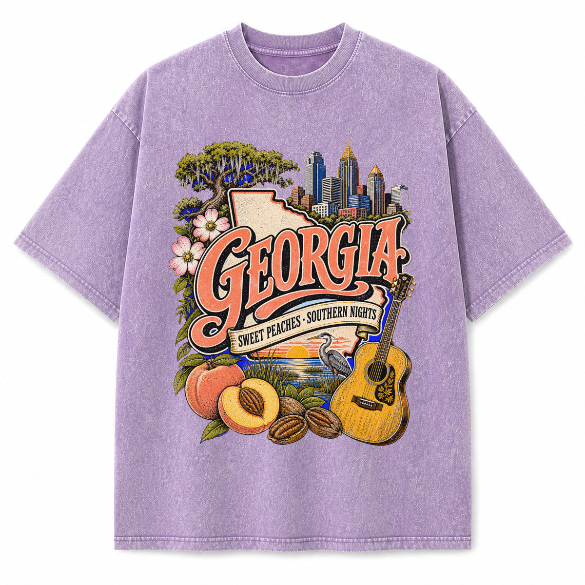 Colorful Georgia State Collage Washed Vintage T-Shirt in Purple, front view on a white background