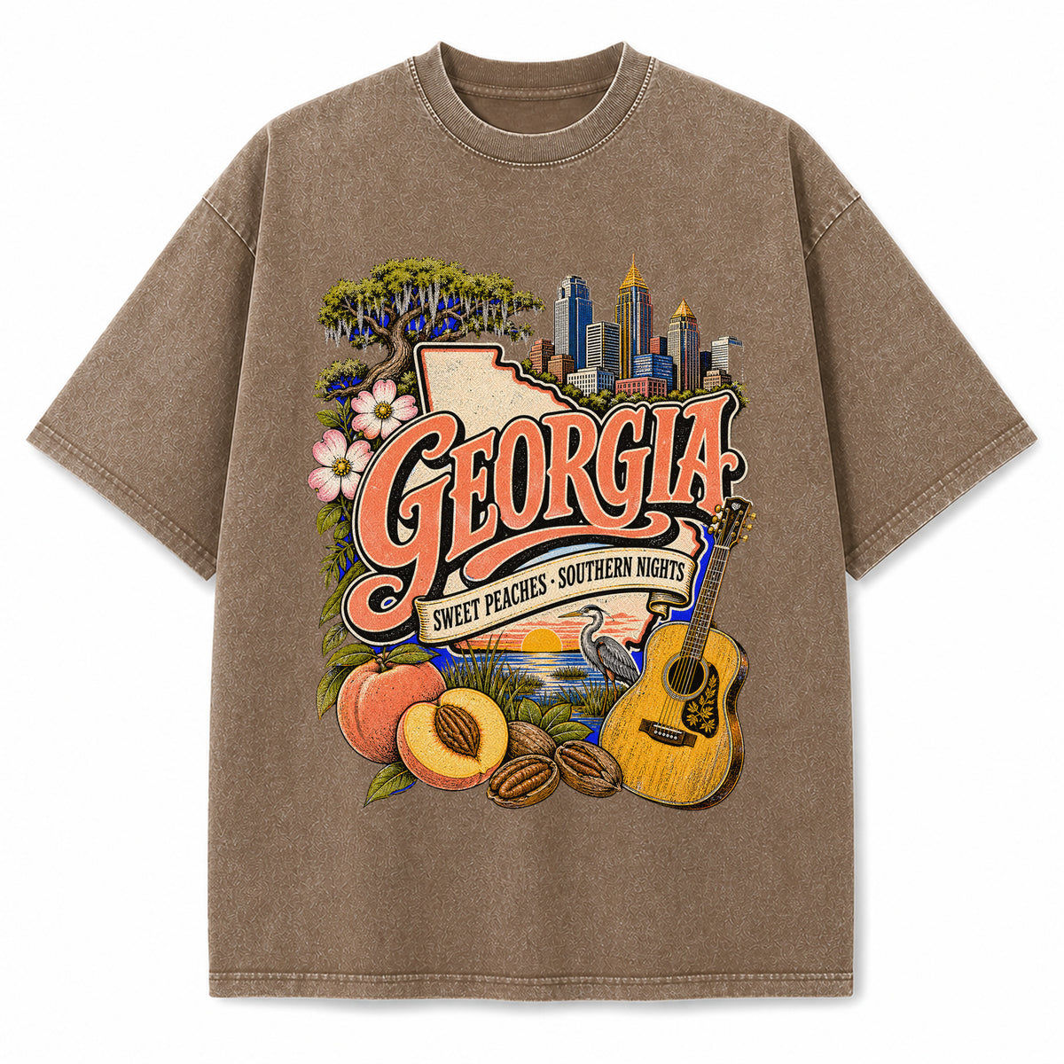 Colorful Georgia State Collage Washed Vintage T-Shirt in Brown, front view on a white background
