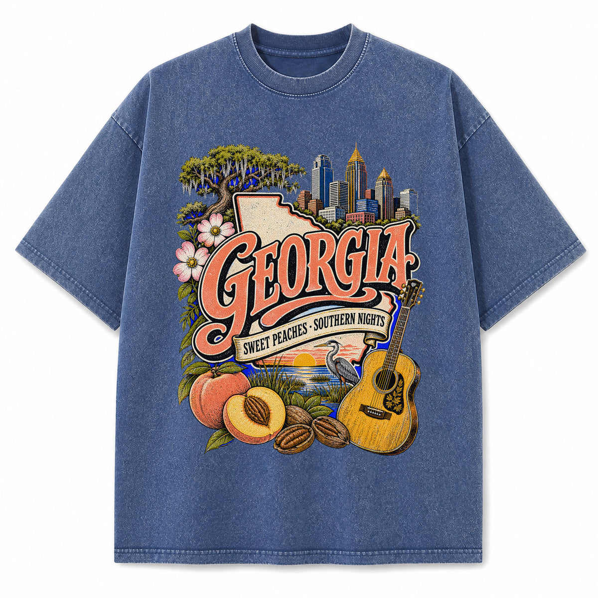 Colorful Georgia State Collage Washed Vintage T-Shirt in Blue, front view on a white background