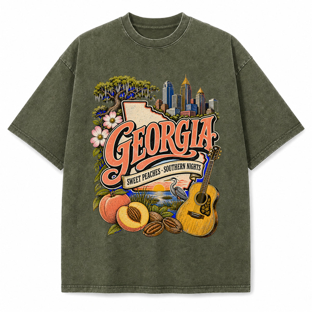 Colorful Georgia State Collage Washed Vintage T-Shirt in Military Green, front view on a white background