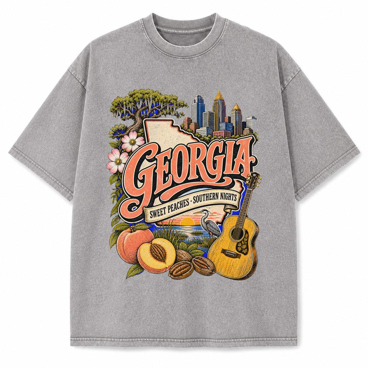 Colorful Georgia State Collage Washed Vintage T-Shirt in Light Gray, front view on a white background