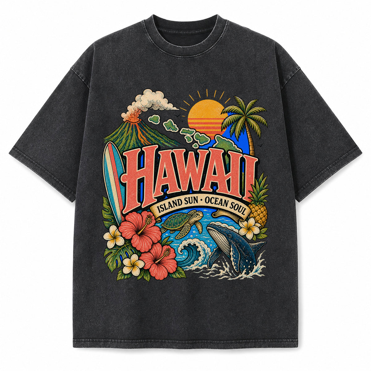 Colorful Hawaii State Collage Washed Vintage T-Shirt in Black, front view on a white background