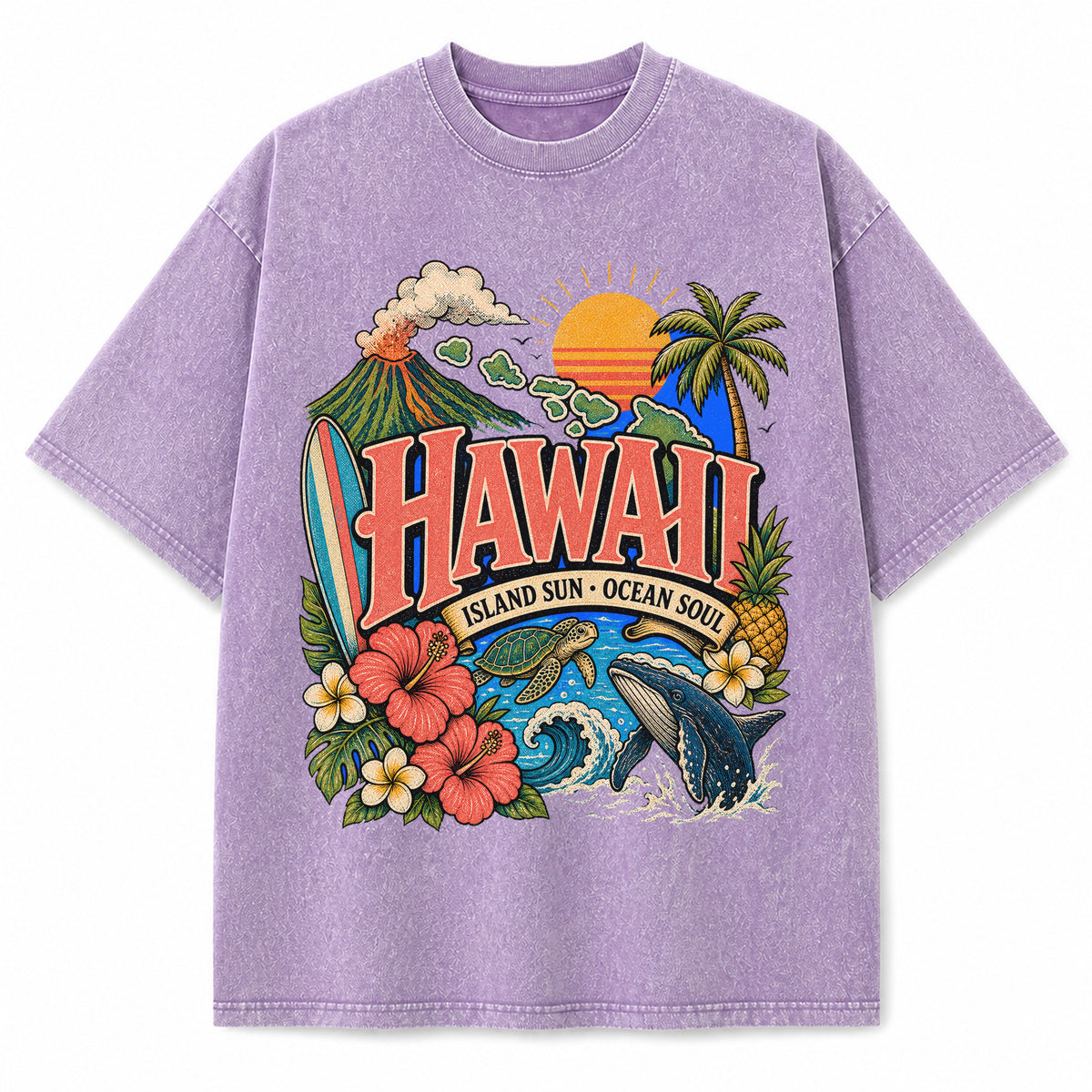 Colorful Hawaii State Collage Washed Vintage T-Shirt in Purple, front view on a white background