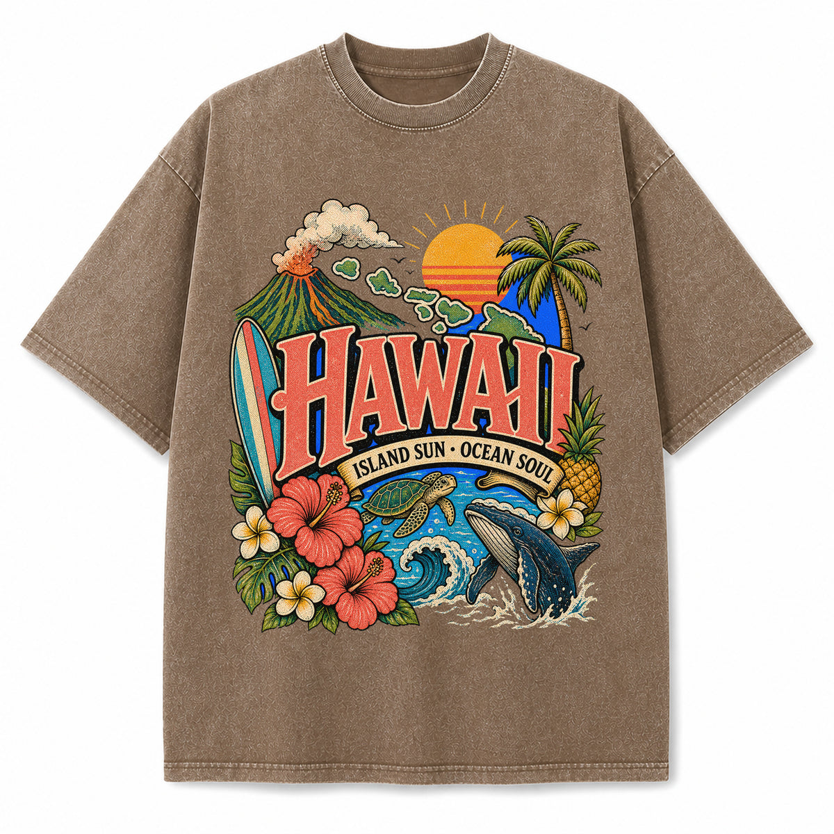 Colorful Hawaii State Collage Washed Vintage T-Shirt in Brown, front view on a white background