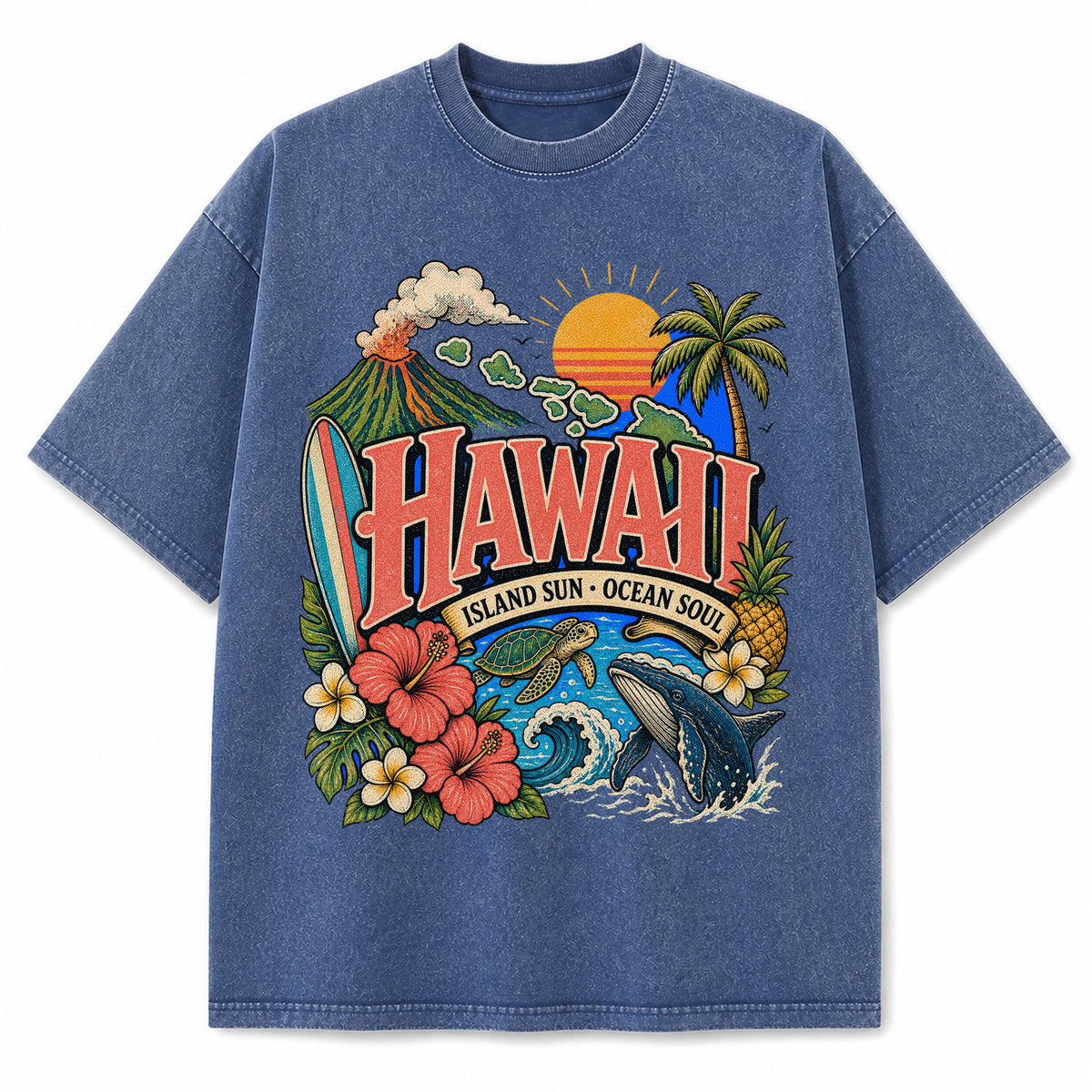 Colorful Hawaii State Collage Washed Vintage T-Shirt in Blue, front view on a white background