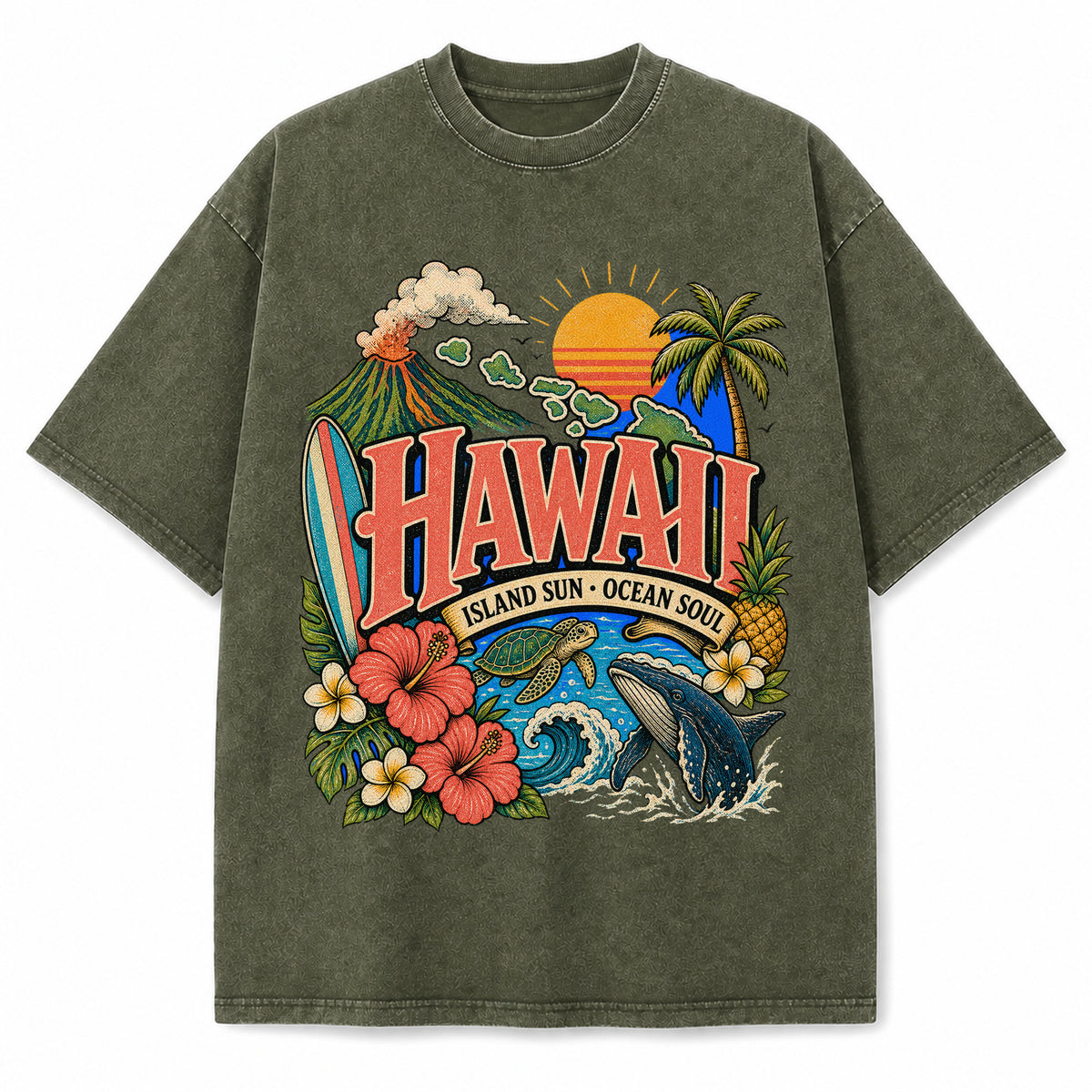 Colorful Hawaii State Collage Washed Vintage T-Shirt in Military Green, front view on a white background