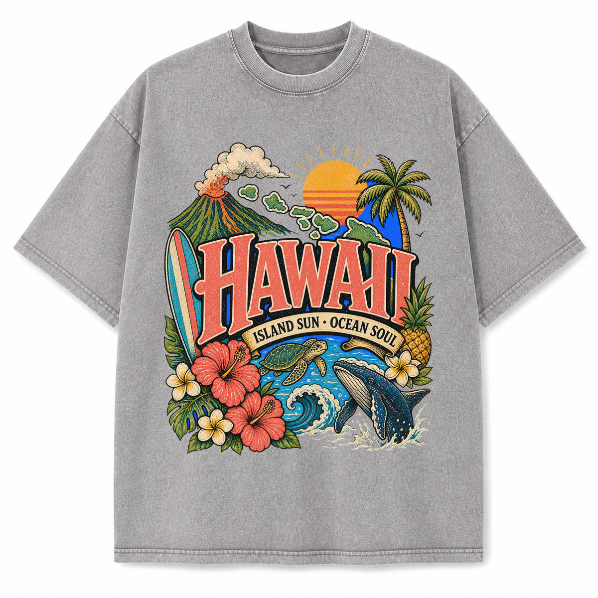 Colorful Hawaii State Collage Washed Vintage T-Shirt in Light Gray, front view on a white background