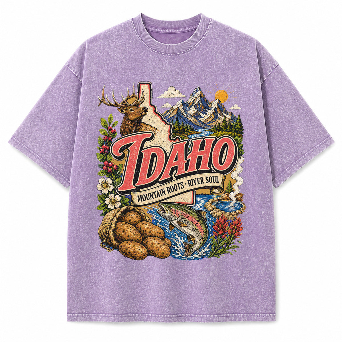 Colorful Idaho State Collage Washed Vintage T-Shirt in Purple, front view on a white background