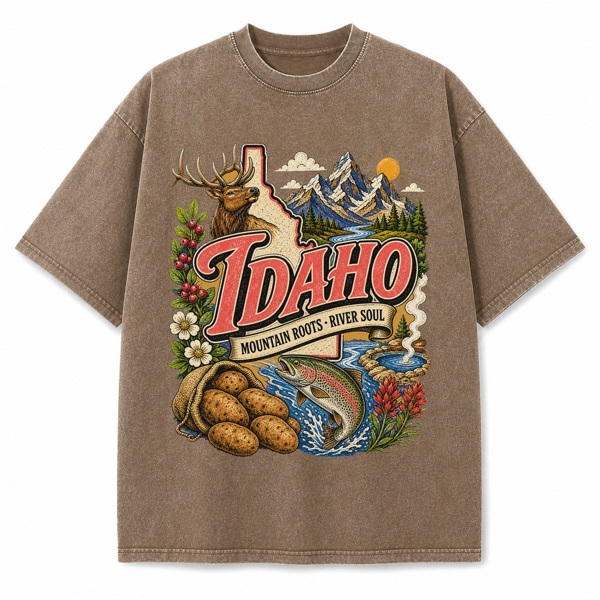 Colorful Idaho State Collage Washed Vintage T-Shirt in Brown, front view on a white background