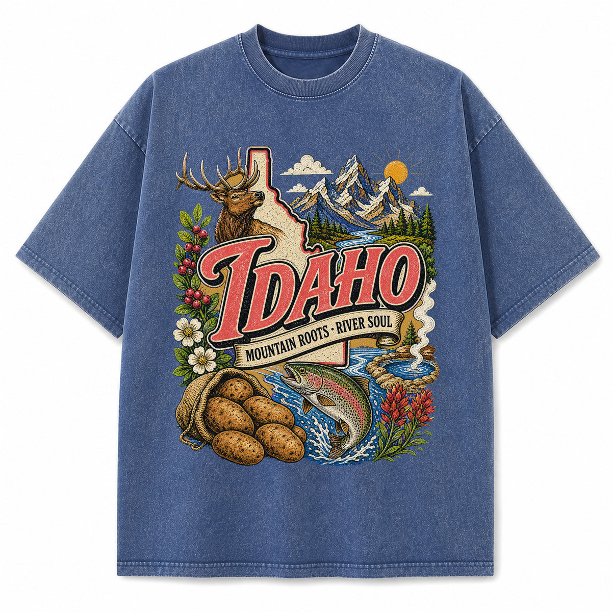 Colorful Idaho State Collage Washed Vintage T-Shirt in Blue, front view on a white background