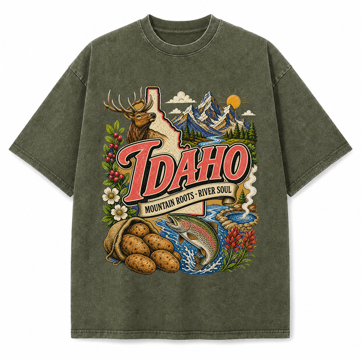 Colorful Idaho State Collage Washed Vintage T-Shirt in Military Green, front view on a white background