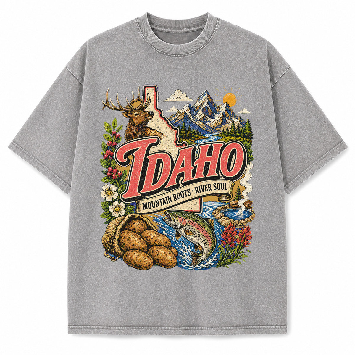 Colorful Idaho State Collage Washed Vintage T-Shirt in Light Gray, front view on a white background