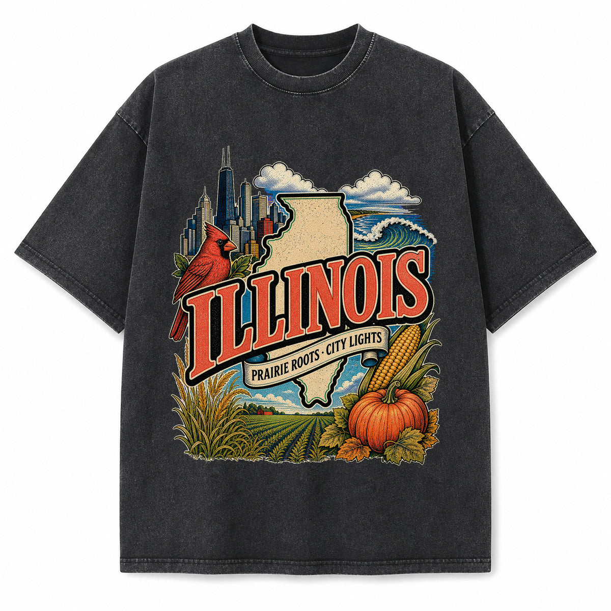 Colorful Illinois State Collage Washed Vintage T-Shirt in Black, front view on a white background