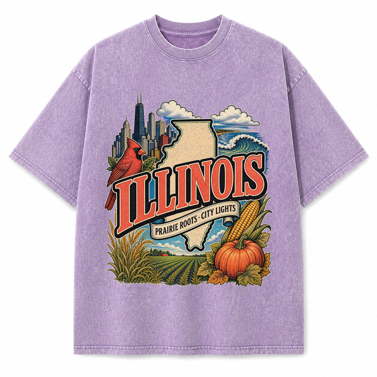 Colorful Illinois State Collage Washed Vintage T-Shirt in Purple, front view on a white background