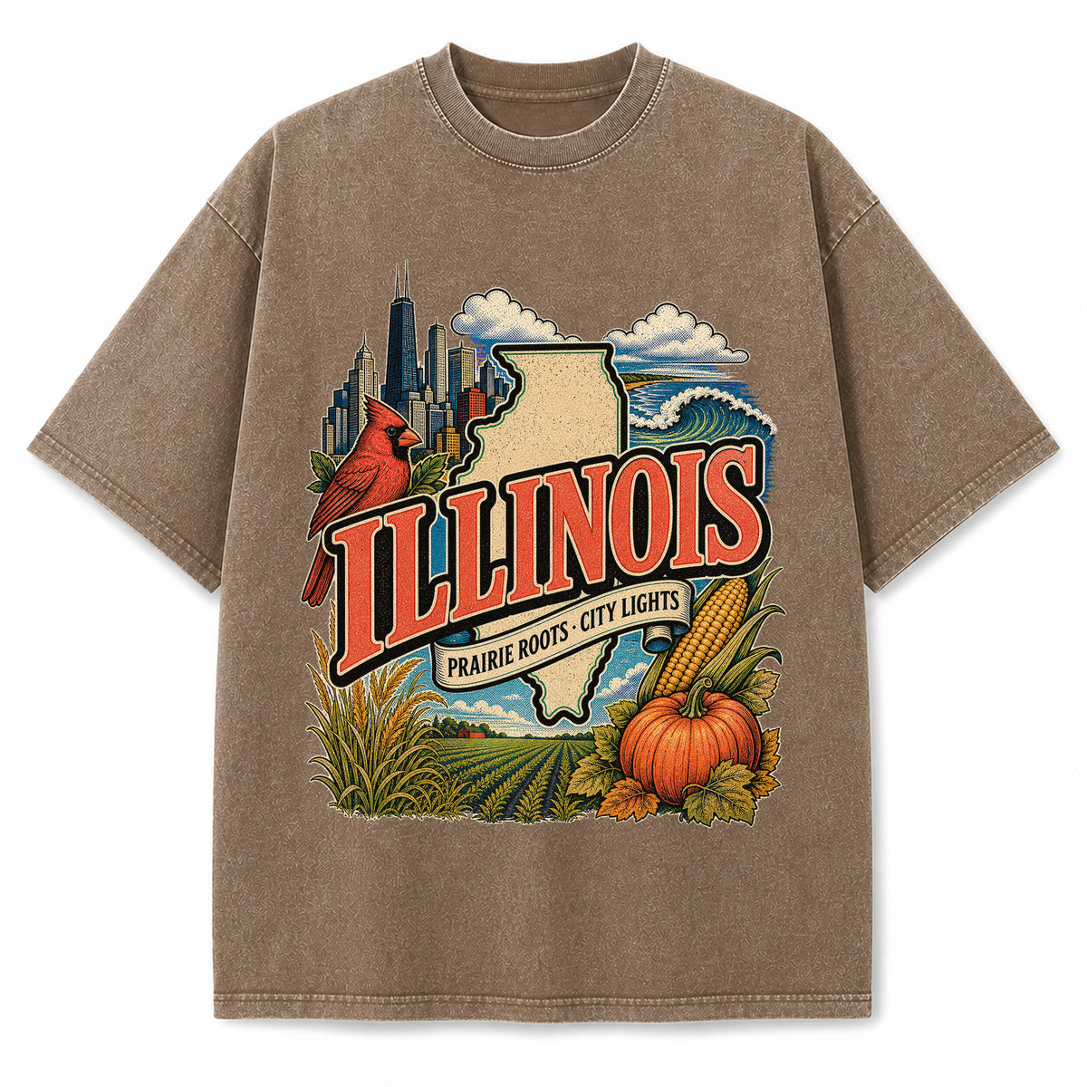 Colorful Illinois State Collage Washed Vintage T-Shirt in Brown, front view on a white background