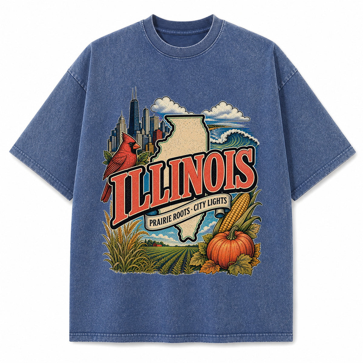 Colorful Illinois State Collage Washed Vintage T-Shirt in Blue, front view on a white background