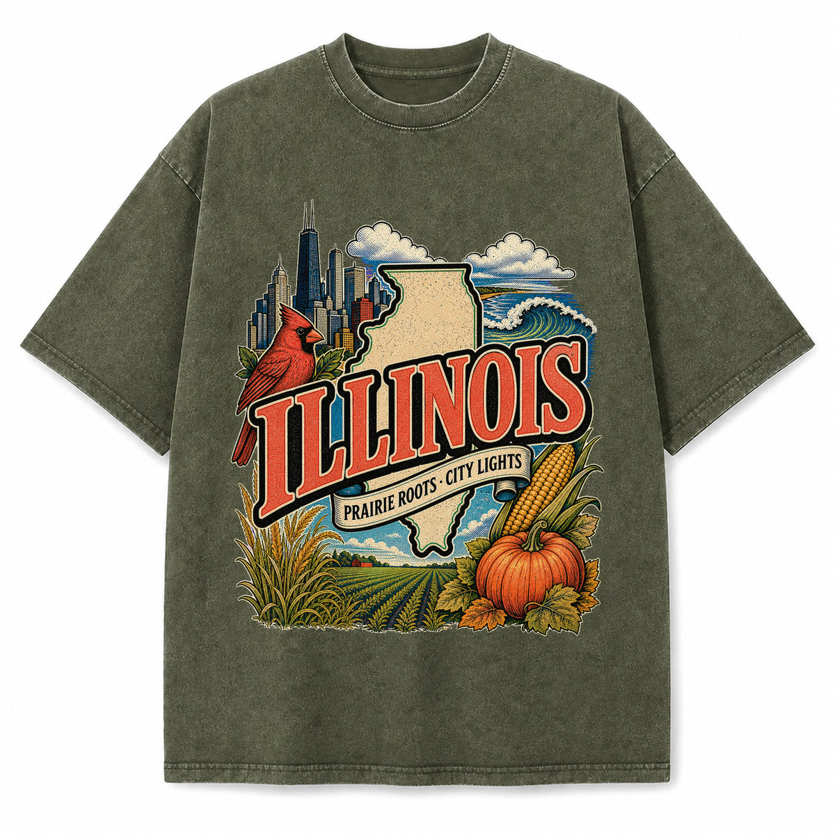Colorful Illinois State Collage Washed Vintage T-Shirt in Military Green, front view on a white background