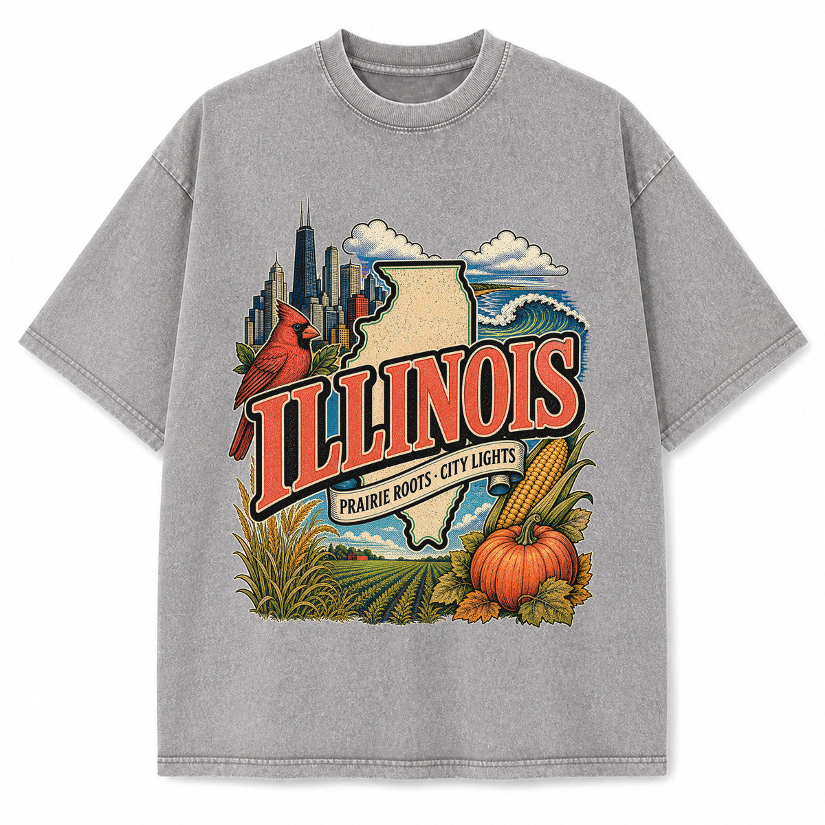 Colorful Illinois State Collage Washed Vintage T-Shirt in Light Gray, front view on a white background