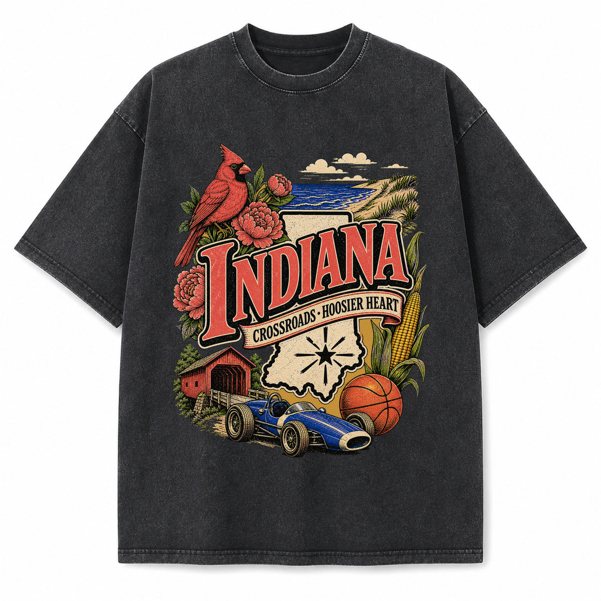 Colorful Indiana State Collage Washed Vintage T-Shirt in Black, front view on a white background