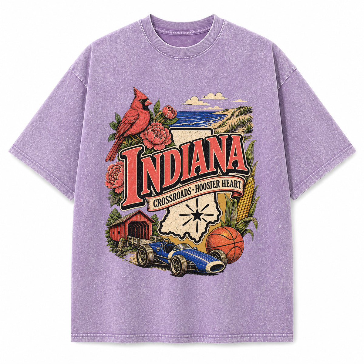 Colorful Indiana State Collage Washed Vintage T-Shirt in Purple, front view on a white background