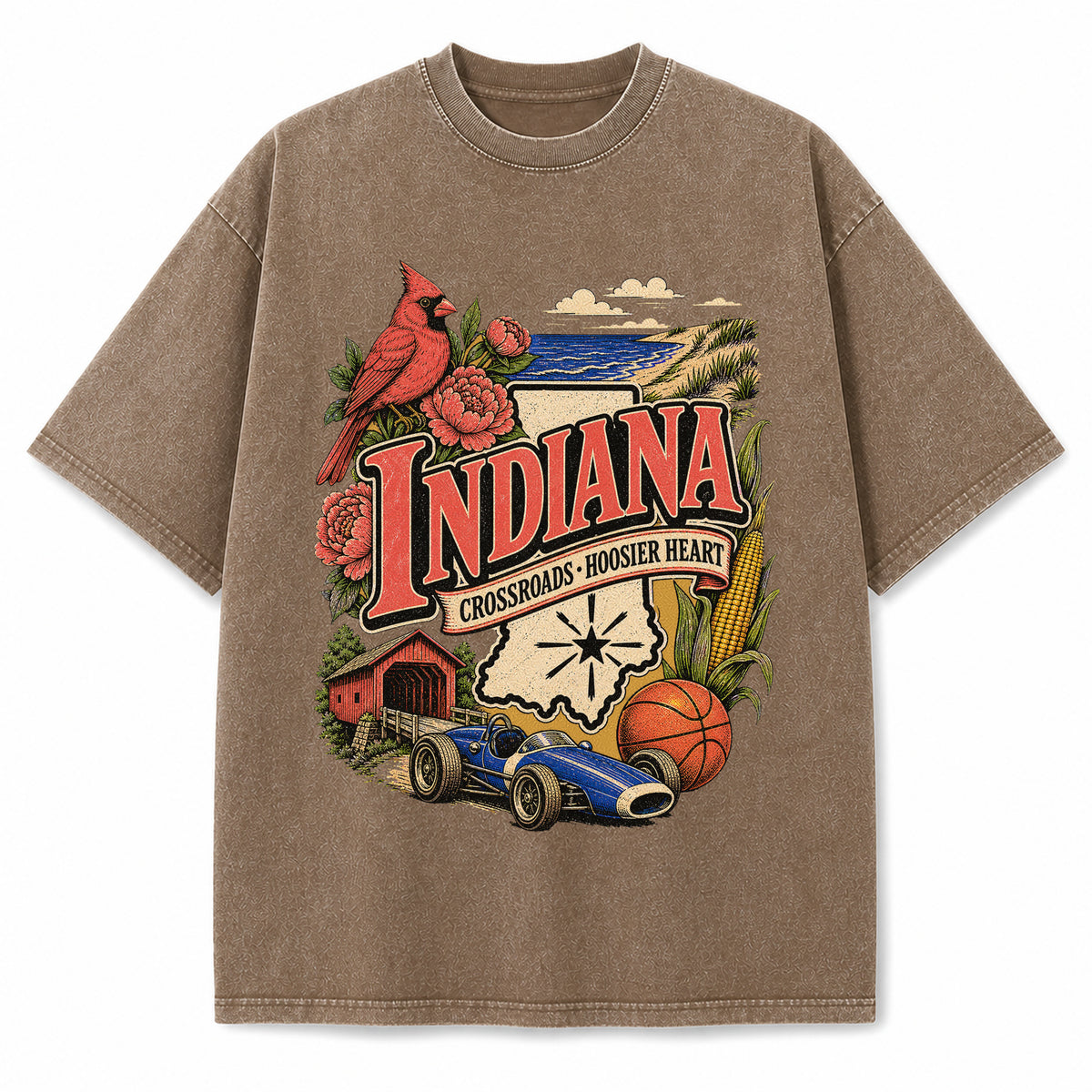 Colorful Indiana State Collage Washed Vintage T-Shirt in Brown, front view on a white background