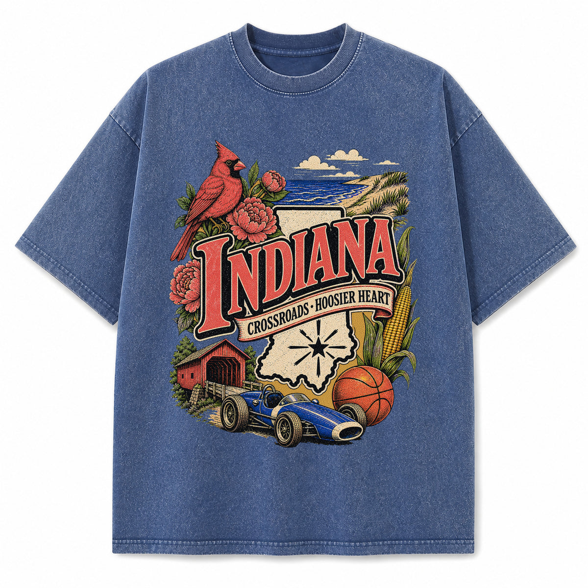 Colorful Indiana State Collage Washed Vintage T-Shirt in Blue, front view on a white background