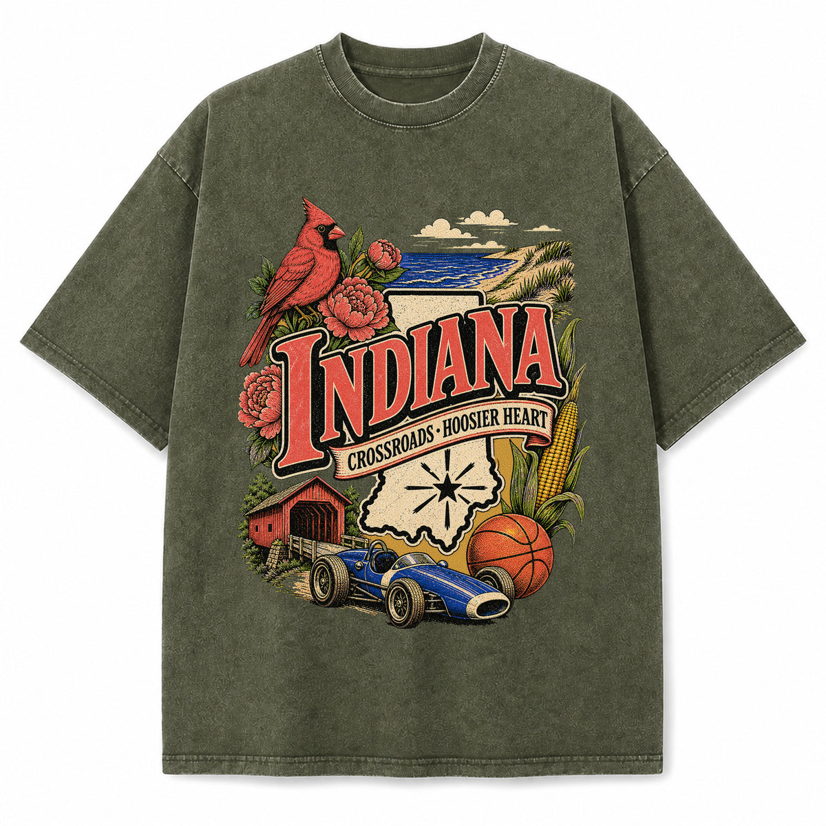 Colorful Indiana State Collage Washed Vintage T-Shirt in Military Green, front view on a white background