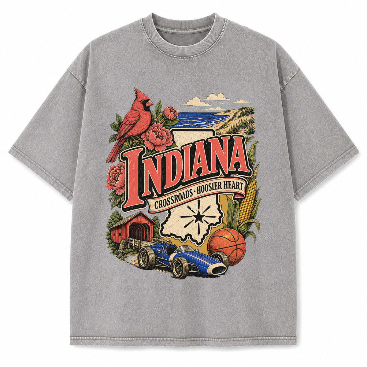 Colorful Indiana State Collage Washed Vintage T-Shirt in Light Gray, front view on a white background