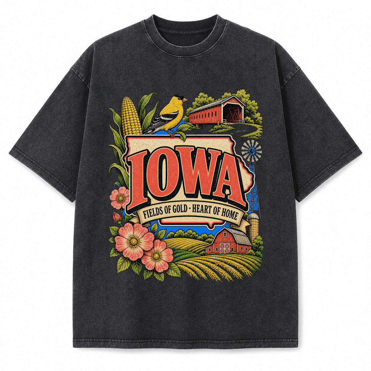 Colorful Iowa State Collage Washed Vintage T-Shirt in Black, front view on a white background
