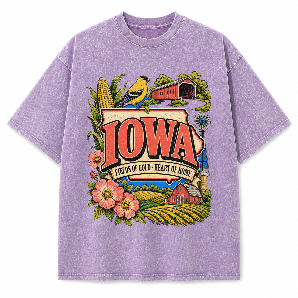Colorful Iowa State Collage Washed Vintage T-Shirt in Purple, front view on a white background