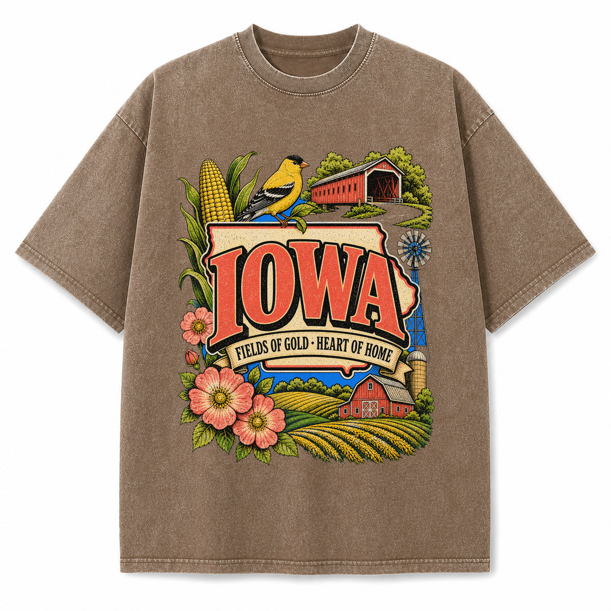 Colorful Iowa State Collage Washed Vintage T-Shirt in Brown, front view on a white background