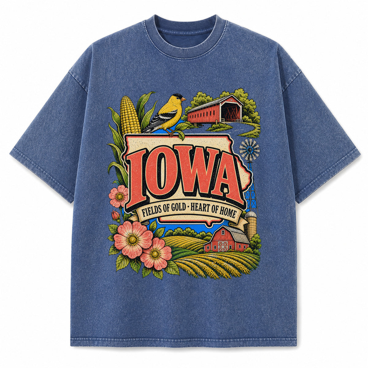 Colorful Iowa State Collage Washed Vintage T-Shirt in Blue, front view on a white background