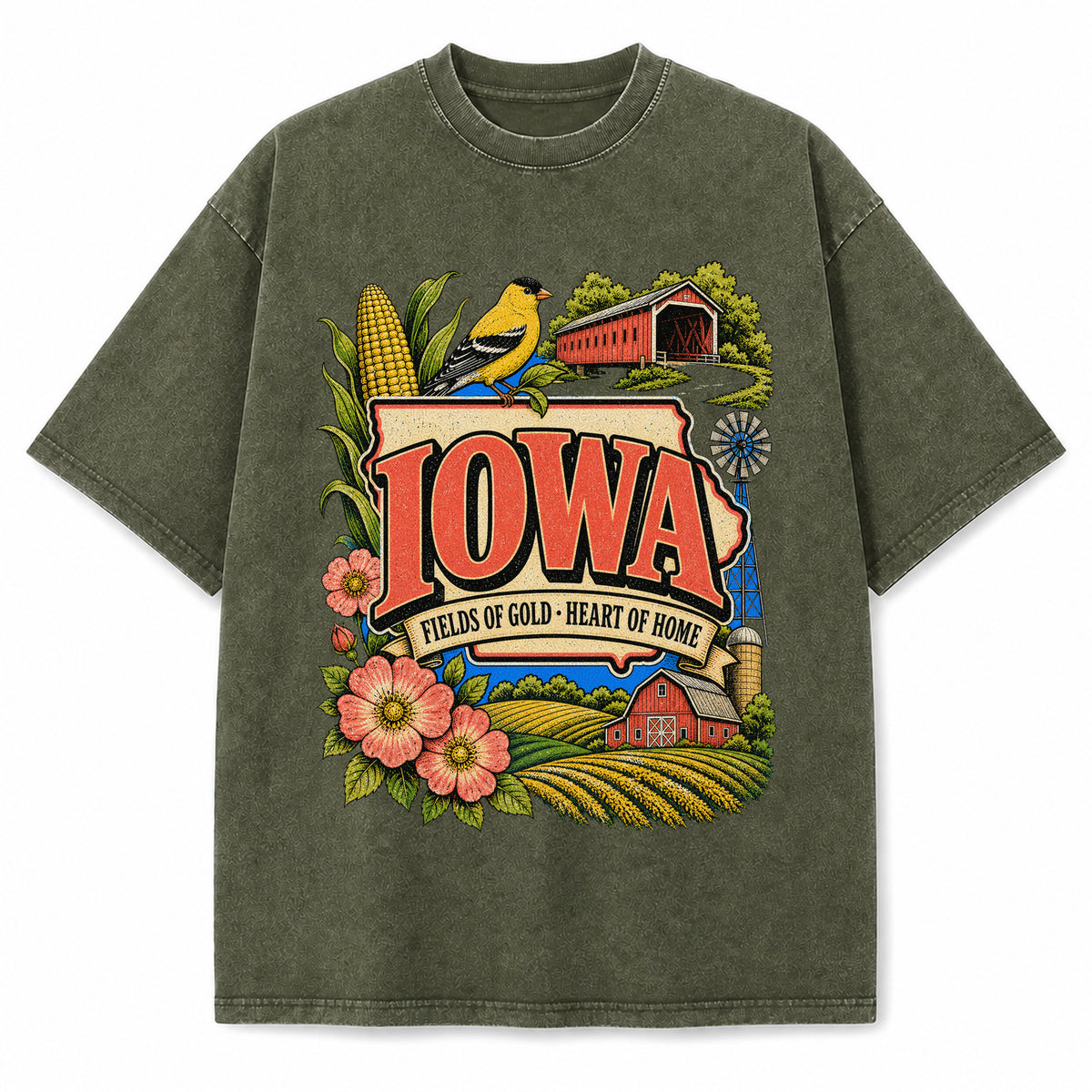 Colorful Iowa State Collage Washed Vintage T-Shirt in Military Green, front view on a white background