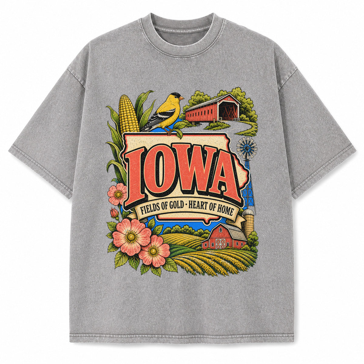 Colorful Iowa State Collage Washed Vintage T-Shirt in Light Gray, front view on a white background