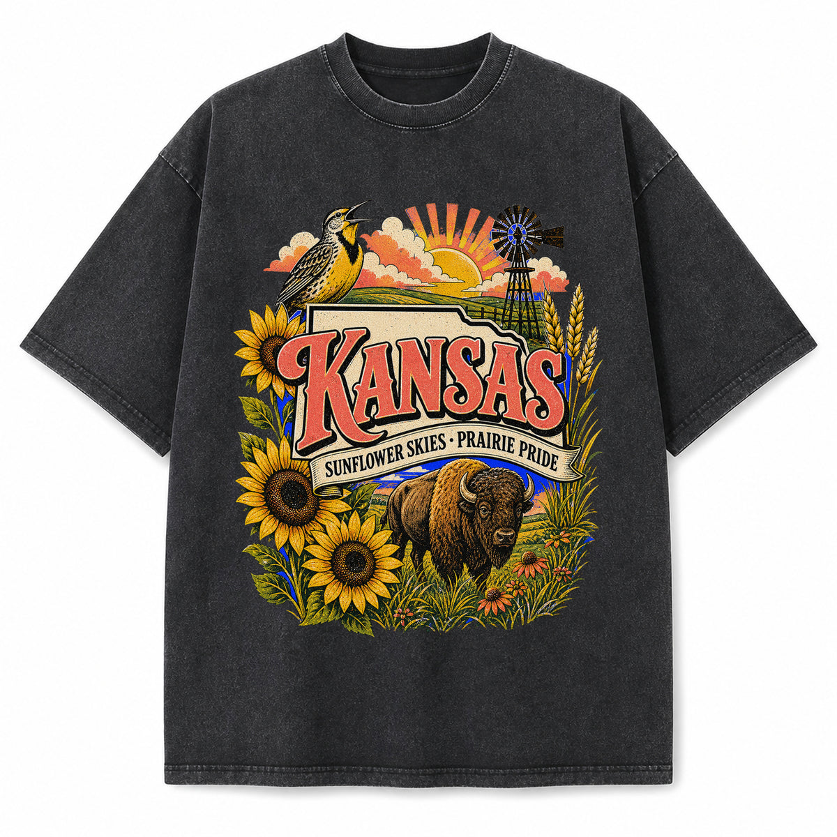 Colorful Kansas State Collage Washed Vintage T-Shirt in Black, front view on a white background