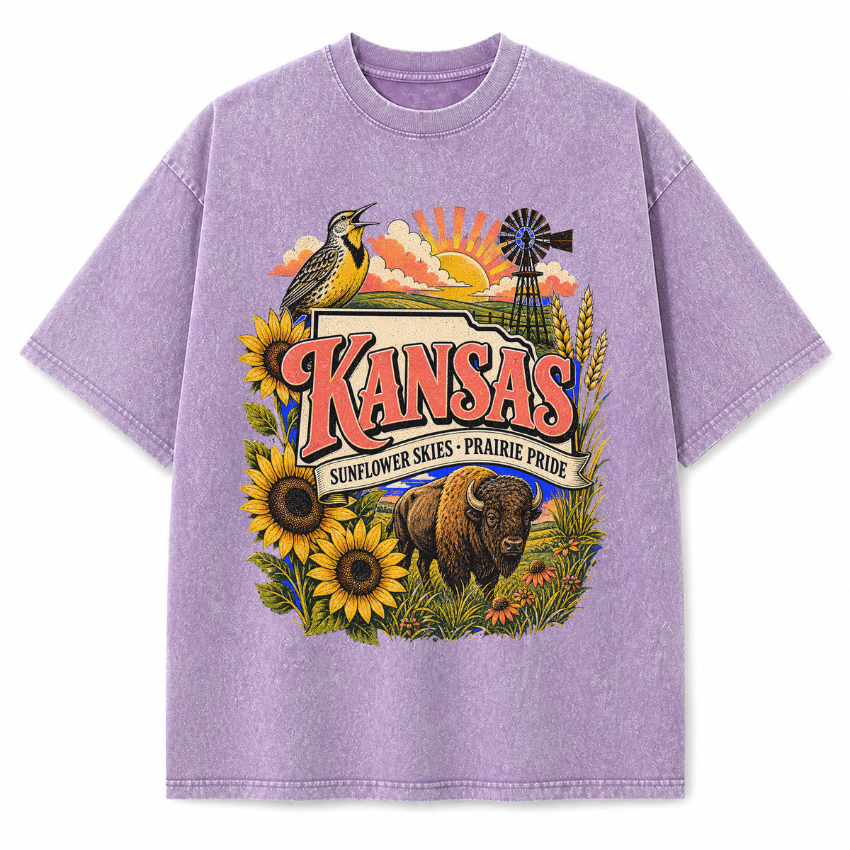 Colorful Kansas State Collage Washed Vintage T-Shirt in Purple, front view on a white background