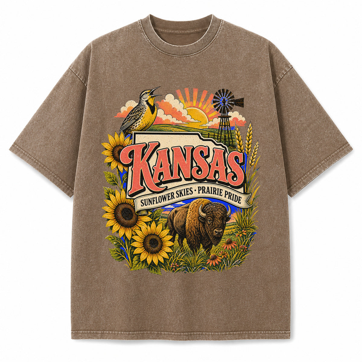 Colorful Kansas State Collage Washed Vintage T-Shirt in Brown, front view on a white background
