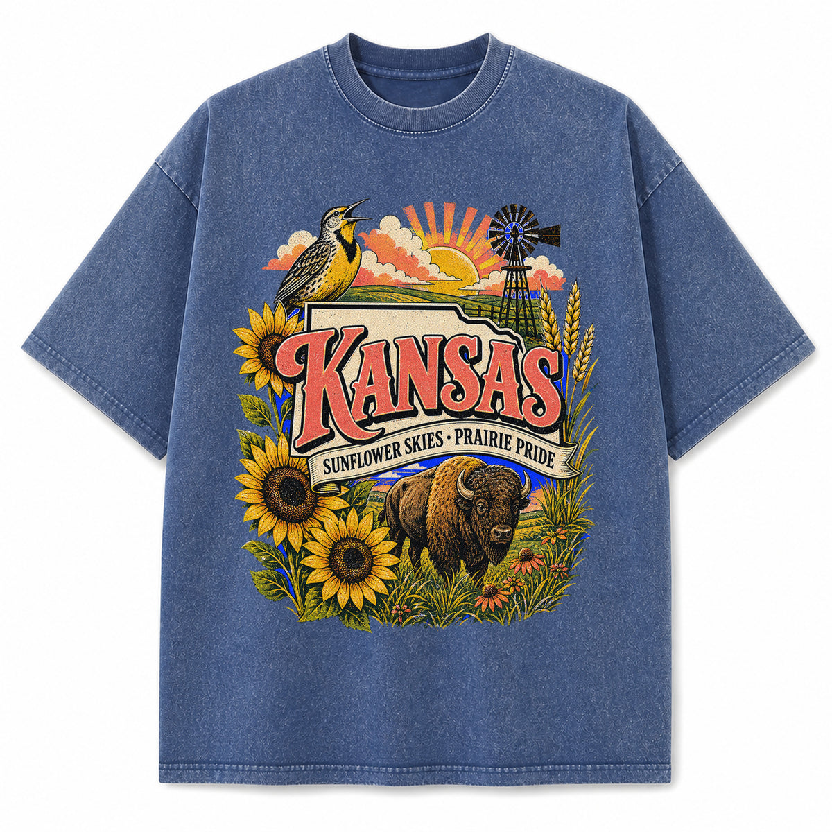 Colorful Kansas State Collage Washed Vintage T-Shirt in Blue, front view on a white background