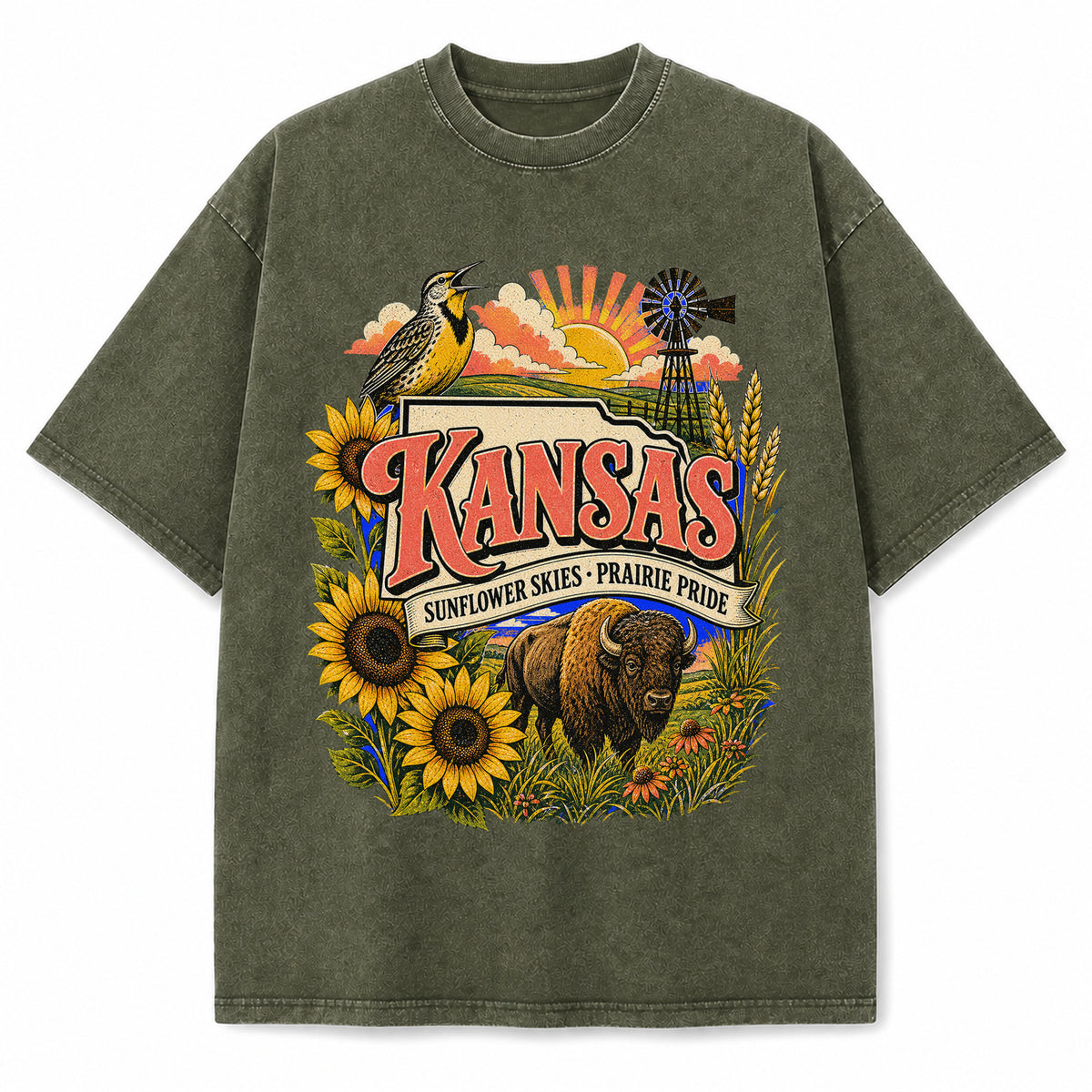 Colorful Kansas State Collage Washed Vintage T-Shirt in Military Green, front view on a white background