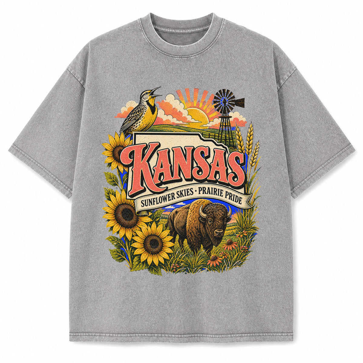 Colorful Kansas State Collage Washed Vintage T-Shirt in Light Gray, front view on a white background