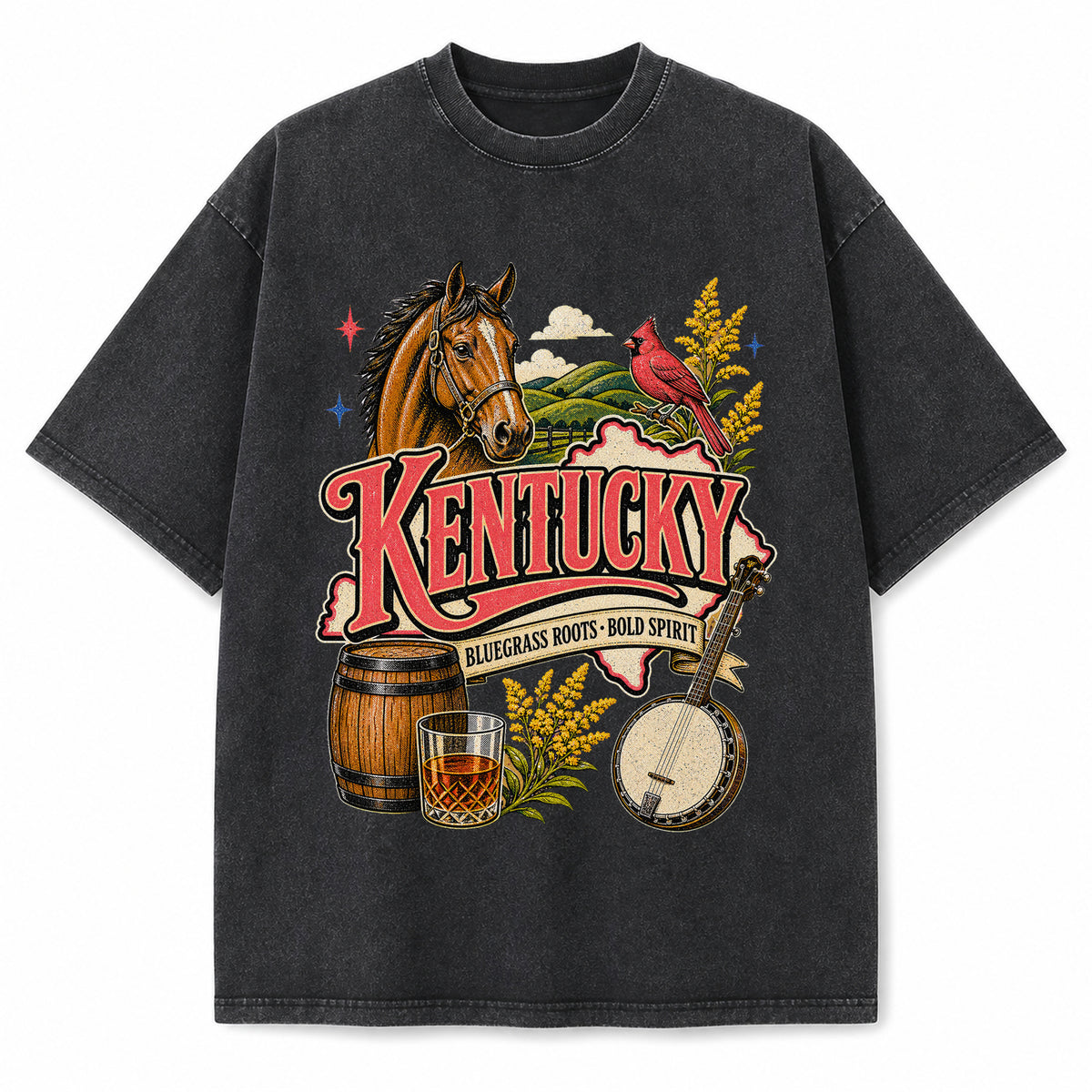 Colorful Kentucky State Collage Washed Vintage T-Shirt in Black, front view on a white background