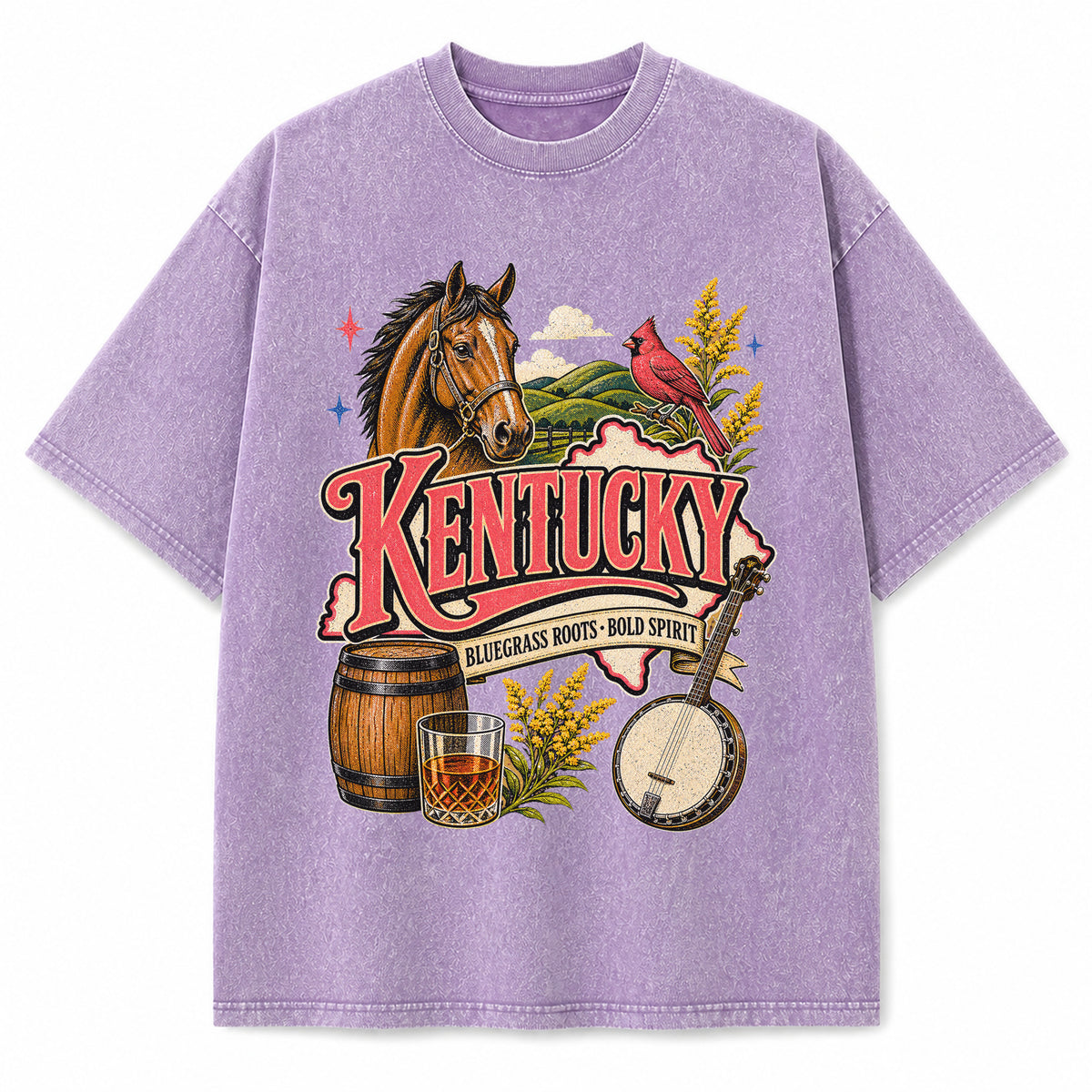 Colorful Kentucky State Collage Washed Vintage T-Shirt in Purple, front view on a white background