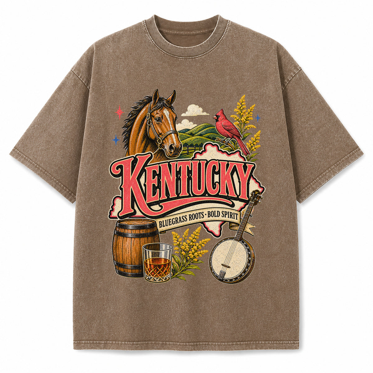 Colorful Kentucky State Collage Washed Vintage T-Shirt in Brown, front view on a white background
