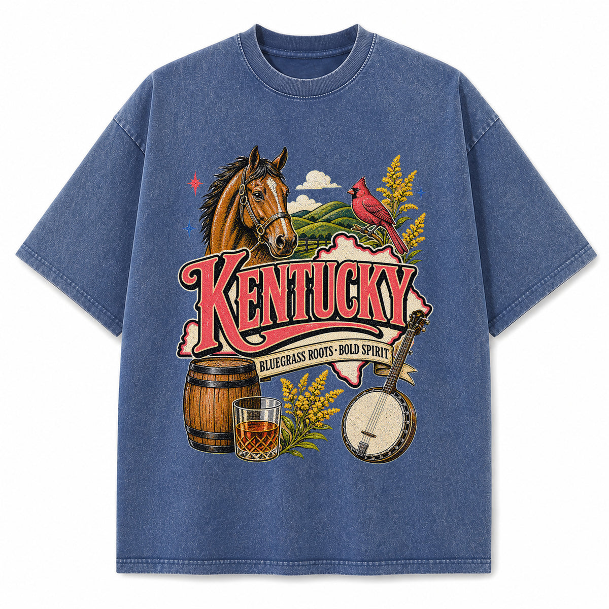 Colorful Kentucky State Collage Washed Vintage T-Shirt in Blue, front view on a white background