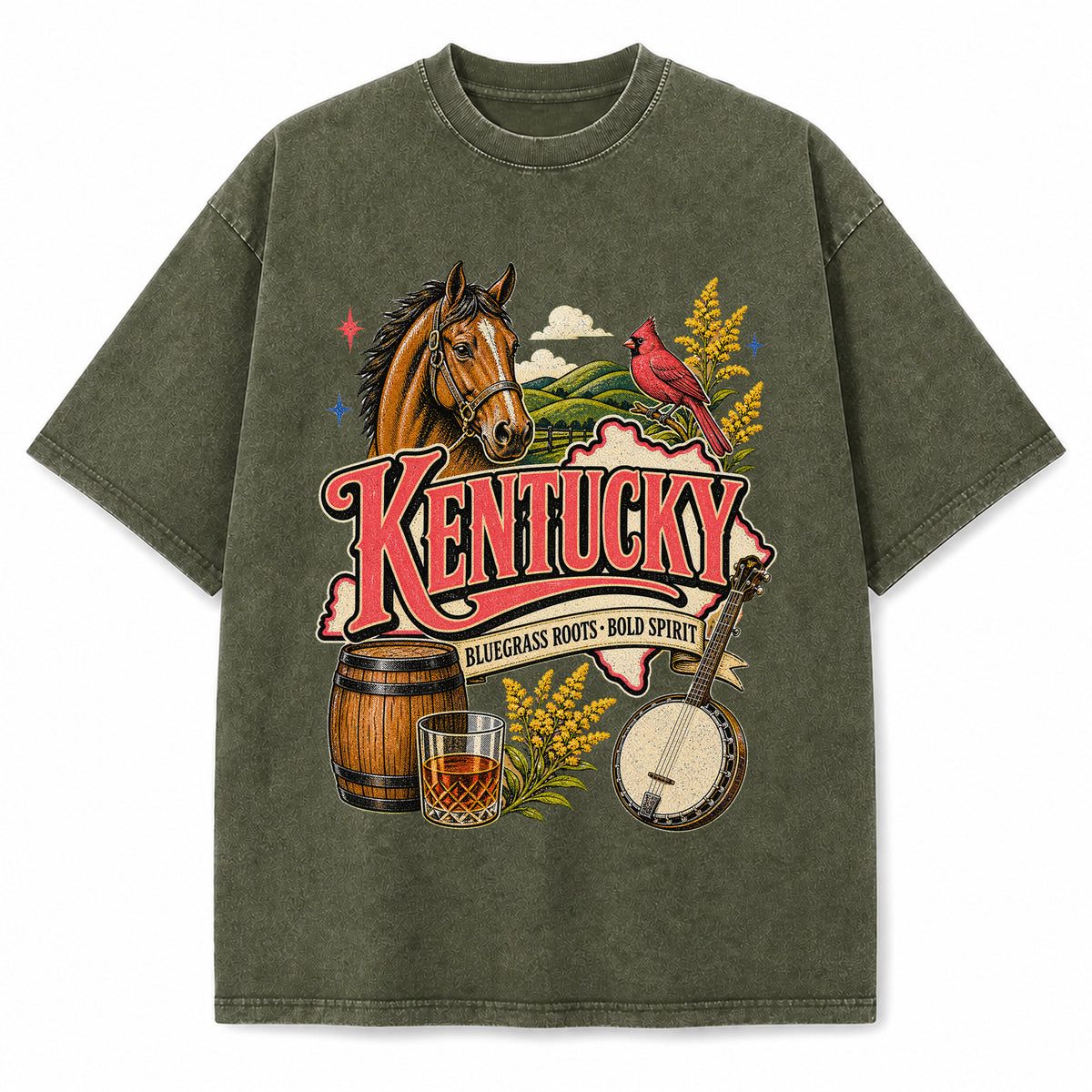 Colorful Kentucky State Collage Washed Vintage T-Shirt in Military Green, front view on a white background