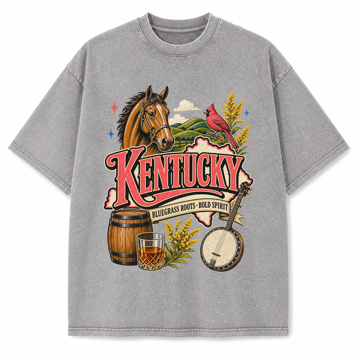 Colorful Kentucky State Collage Washed Vintage T-Shirt in Light Gray, front view on a white background