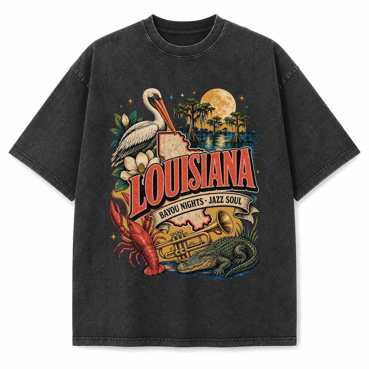 Colorful Louisiana State Collage Washed Vintage T-Shirt in Black, front view on a white background