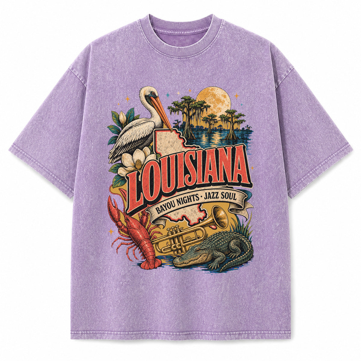 Colorful Louisiana State Collage Washed Vintage T-Shirt in Purple, front view on a white background